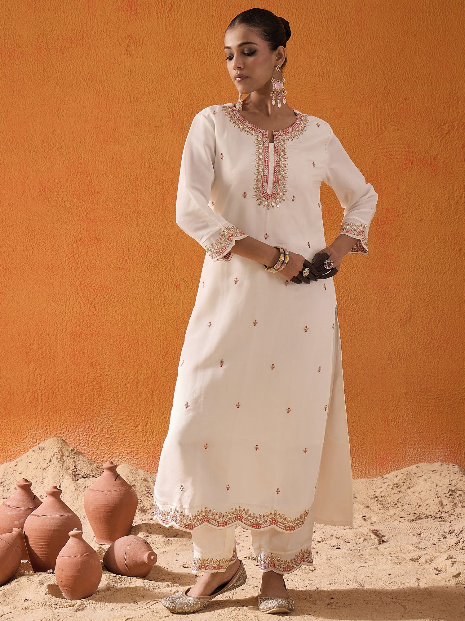 Indo Era White Embroidered Straight Kurta Trousers With Dupatta set - Distacart