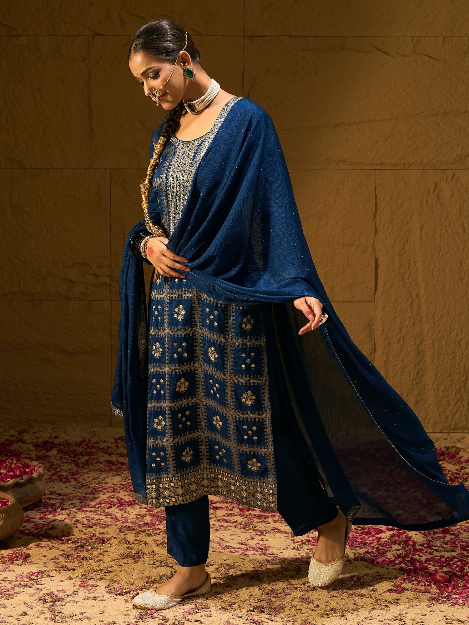 Indo Era Blue Embroidered Straight Kurta Trousers With Dupatta set - Distacart