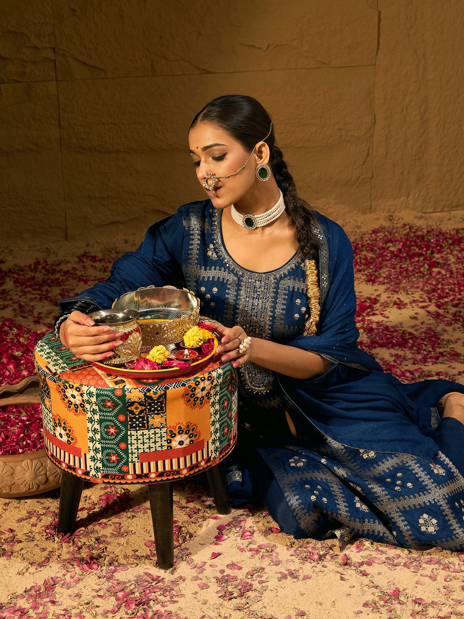 Indo Era Blue Embroidered Straight Kurta Trousers With Dupatta set - Distacart
