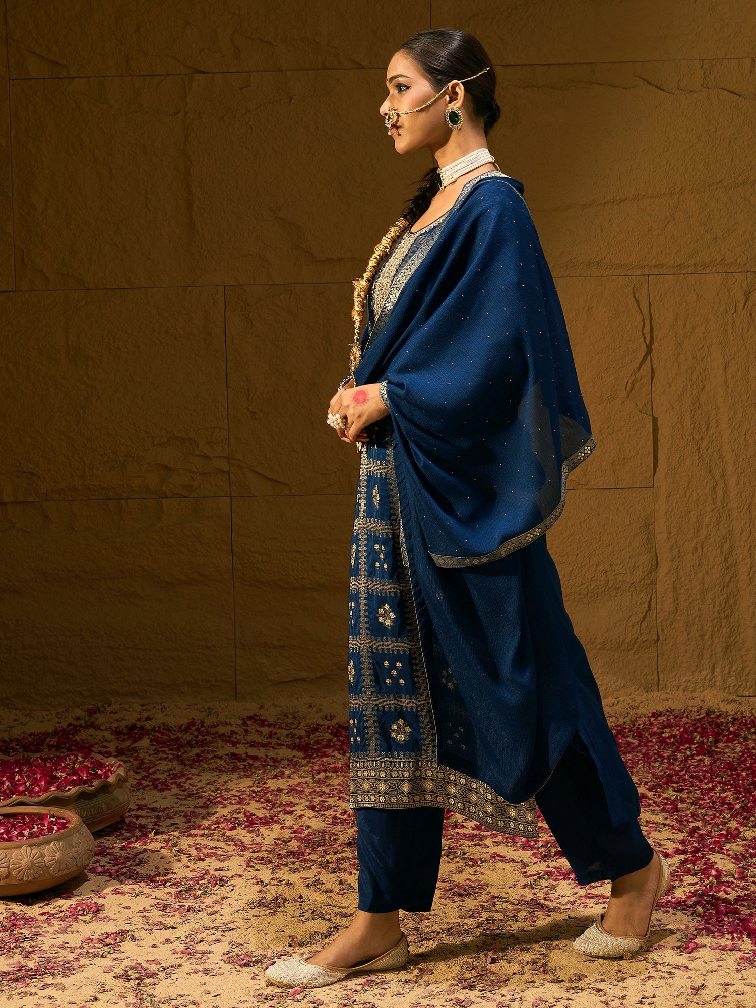Indo Era Blue Embroidered Straight Kurta Trousers With Dupatta set - Distacart