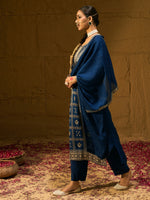 Thumbnail for Indo Era Blue Embroidered Straight Kurta Trousers With Dupatta set - Distacart