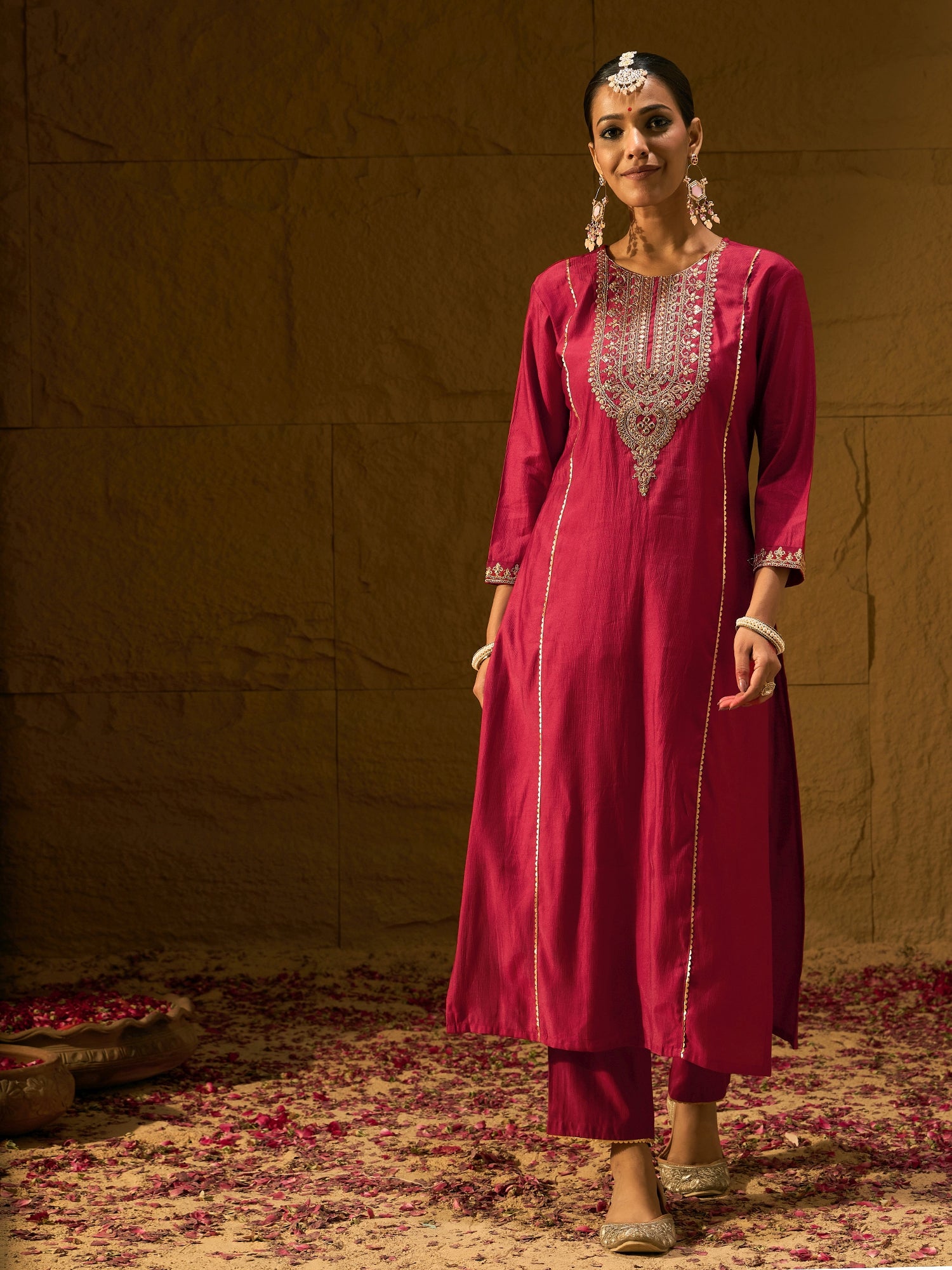 Indo Era Red Embroidered Straight Kurta Trousers With Dupatta Set - Distacart