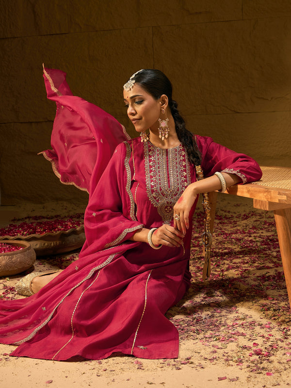 Indo Era Red Embroidered Straight Kurta Trousers With Dupatta Set - Distacart