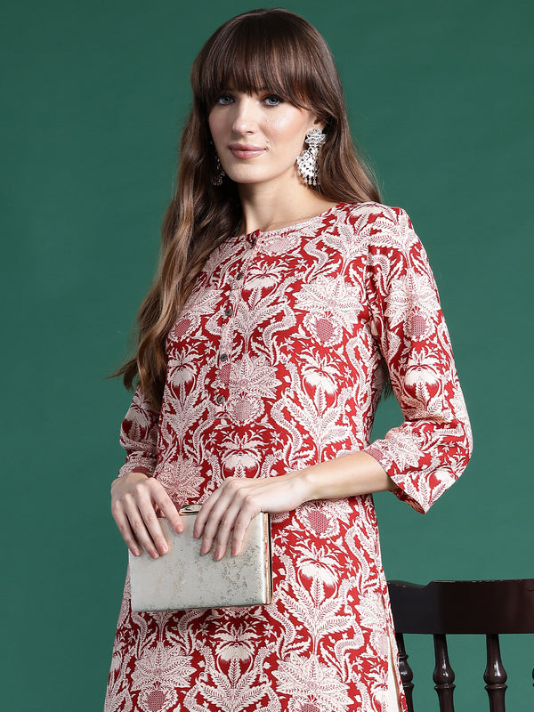 Indo Era Red Printed Straight Kurta - Distacart