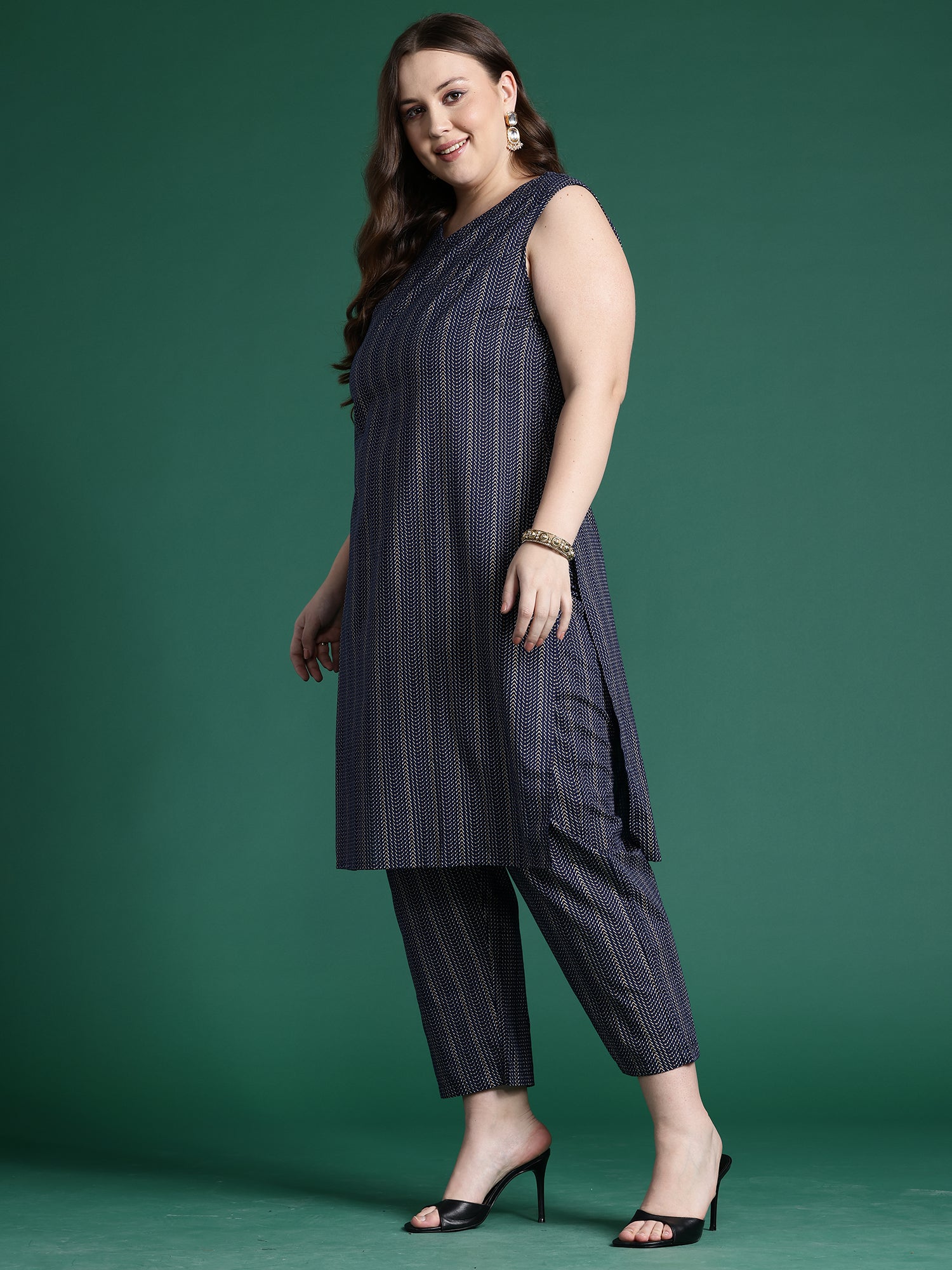 Indo Era Navy Blue Printed Straight Kurta Trousers set - Distacart