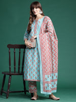 Thumbnail for Indo Era Blue Printed Straight Kurta Trousers With Dupatta set - Distacart
