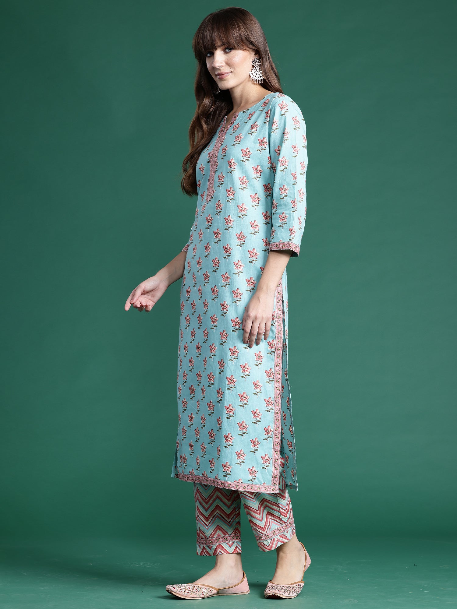 Indo Era Blue Printed Straight Kurta Trousers With Dupatta set - Distacart