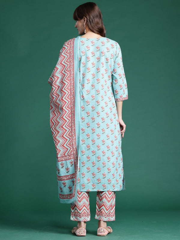 Indo Era Blue Printed Straight Kurta Trousers With Dupatta set - Distacart