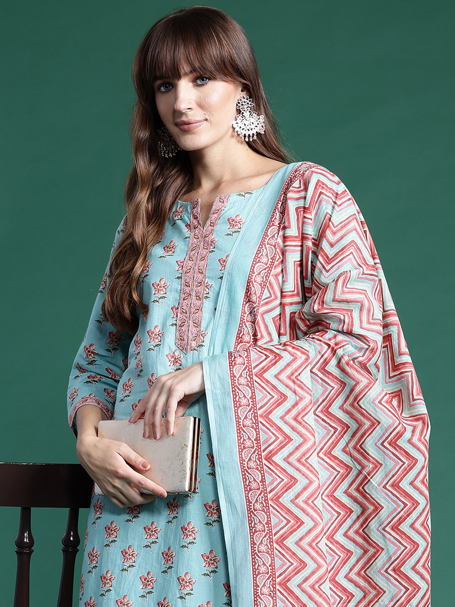 Indo Era Blue Printed Straight Kurta Trousers With Dupatta set - Distacart