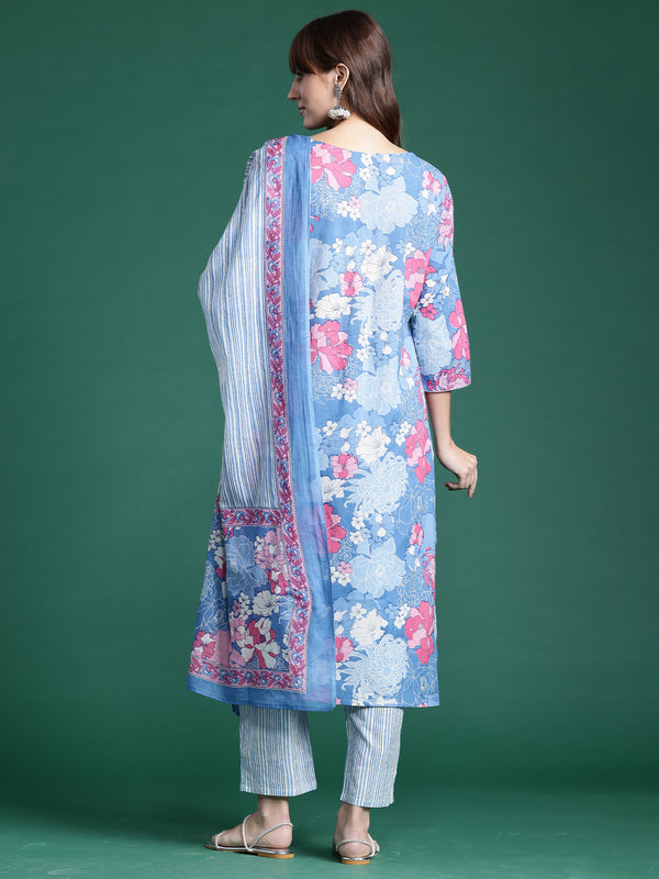 Indo Era Blue Printed Straight Kurta Trousers With Dupatta set - Distacart