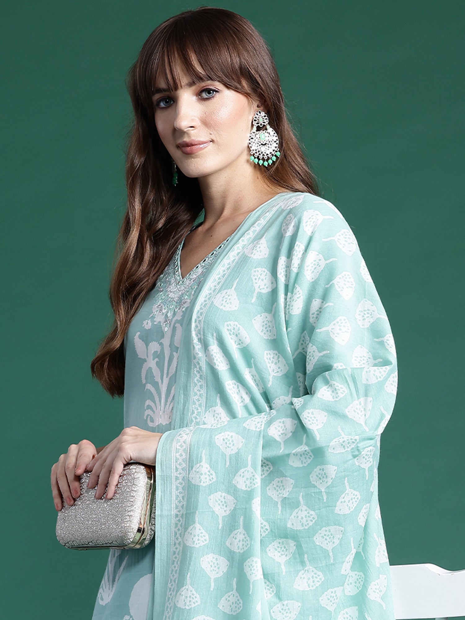 Indo Era Green Printed Straight Kurta Trousers With Dupatta set - Distacart