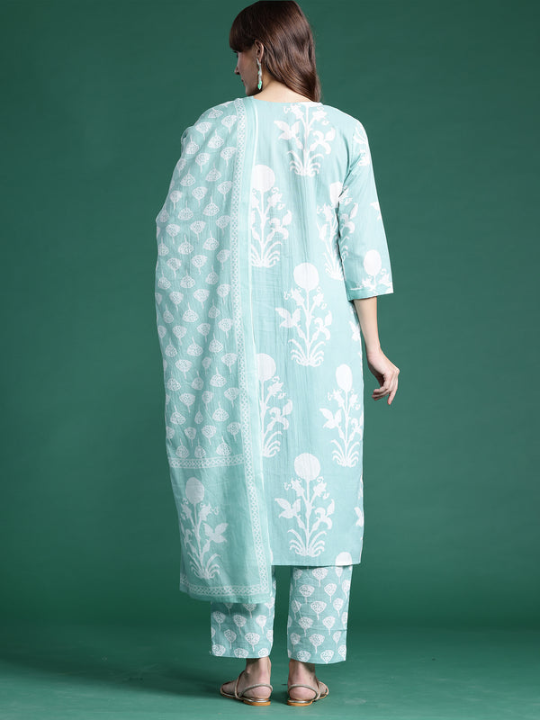 Indo Era Green Printed Straight Kurta Trousers With Dupatta set - Distacart