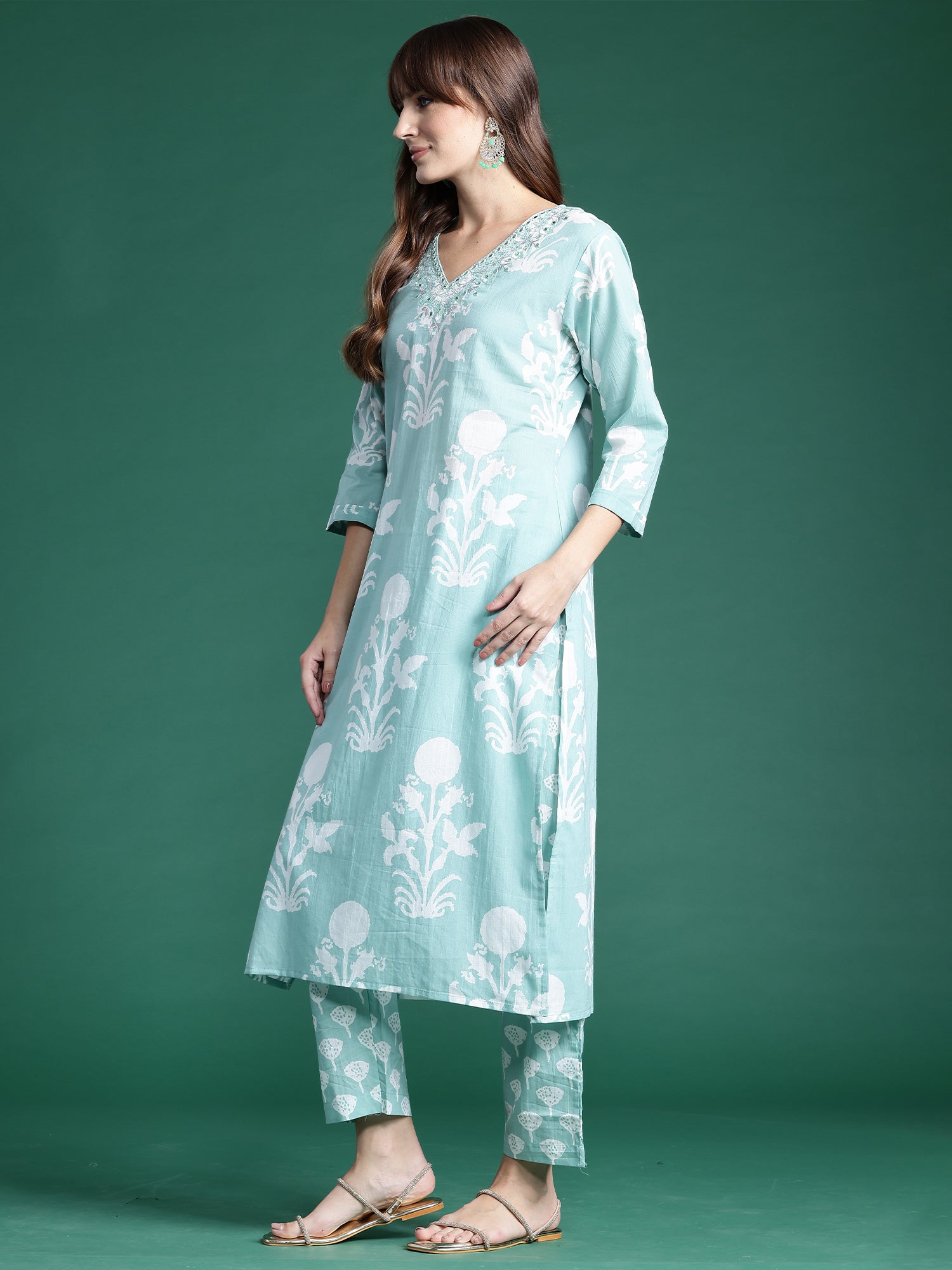 Indo Era Green Printed Straight Kurta Trousers With Dupatta set - Distacart