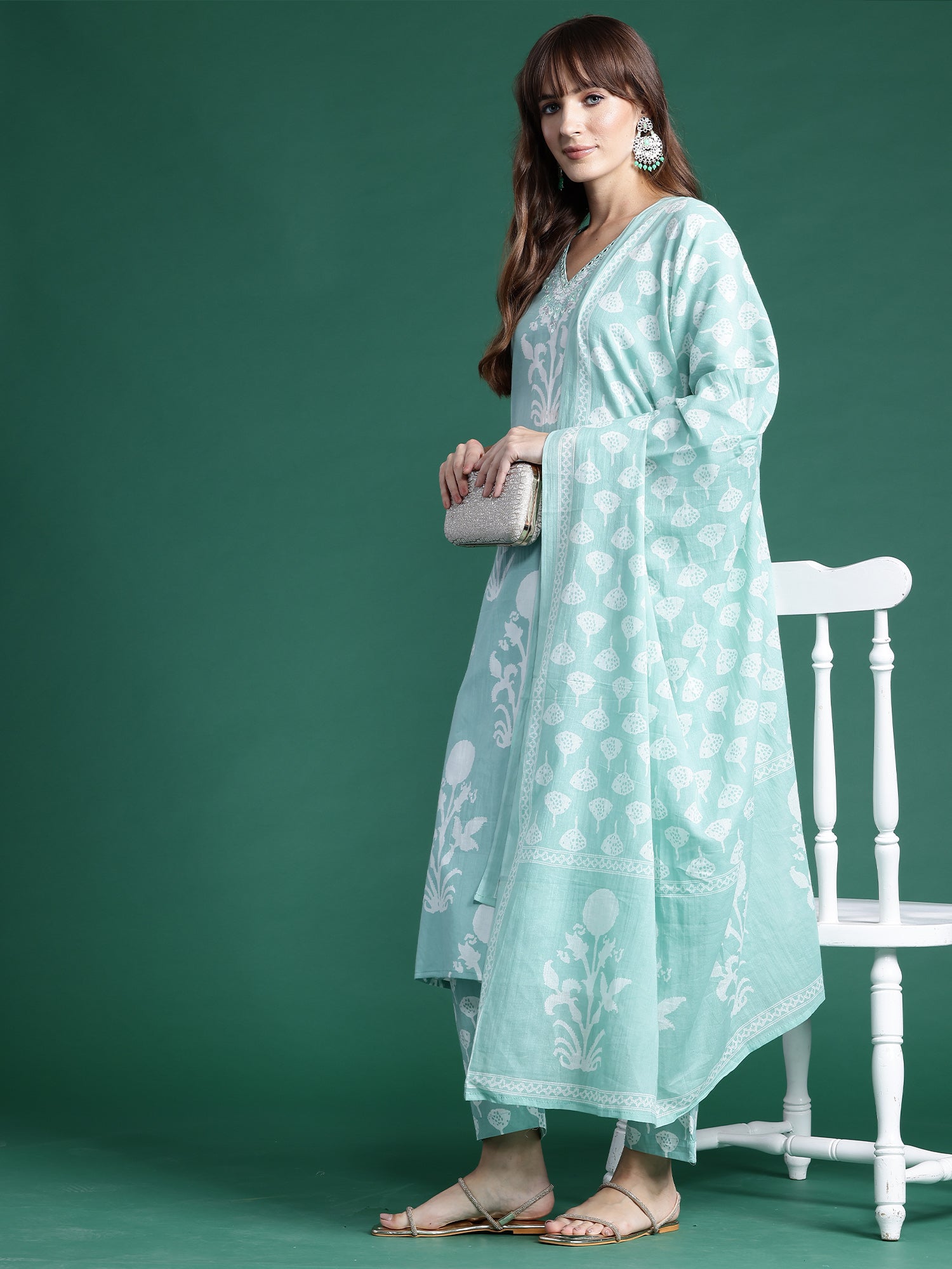 Indo Era Green Printed Straight Kurta Trousers With Dupatta set - Distacart
