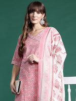 Thumbnail for Indo Era Pink Printed A-Line Kurta Trousers With Dupatta set - Distacart