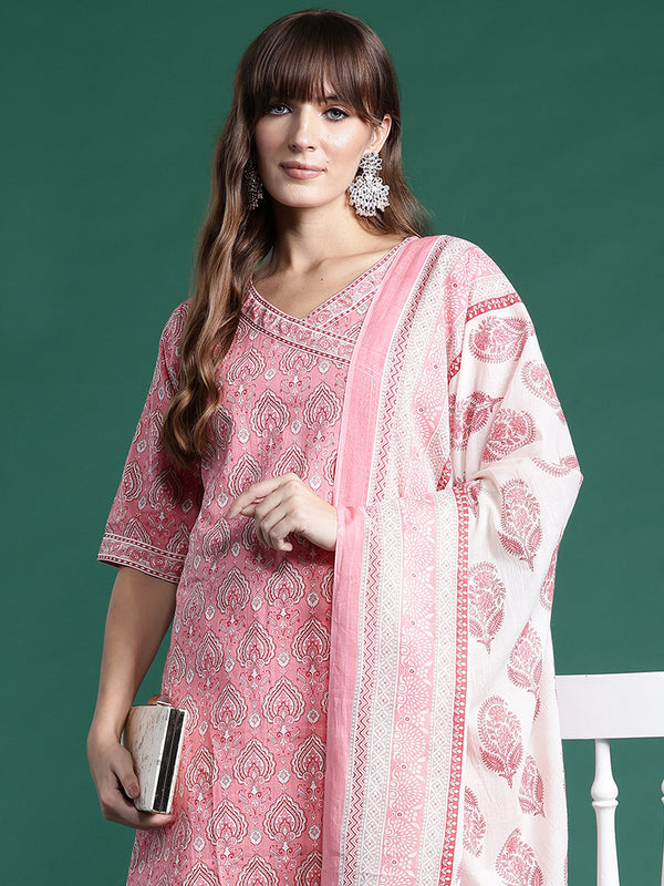 Indo Era Pink Printed A-Line Kurta Trousers With Dupatta set - Distacart