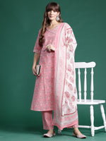 Thumbnail for Indo Era Pink Printed A-Line Kurta Trousers With Dupatta set - Distacart