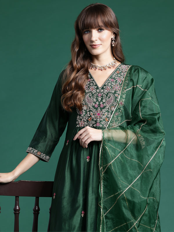 Indo Era Green Embroidered A-Line Kurta Trousers set - Distacart
