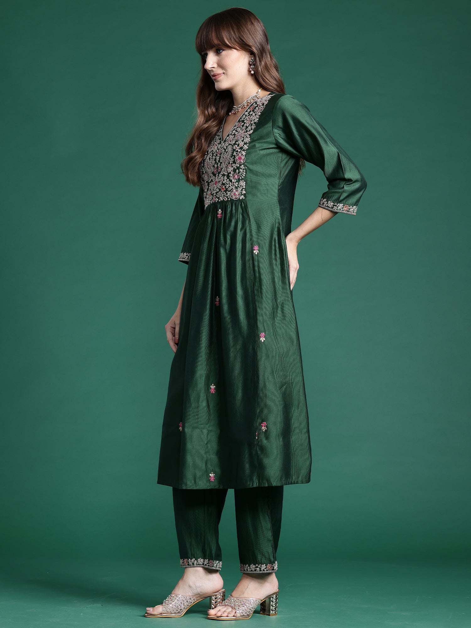 Indo Era Green Embroidered A-Line Kurta Trousers set - Distacart