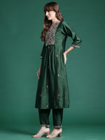 Thumbnail for Indo Era Green Embroidered A-Line Kurta Trousers set - Distacart