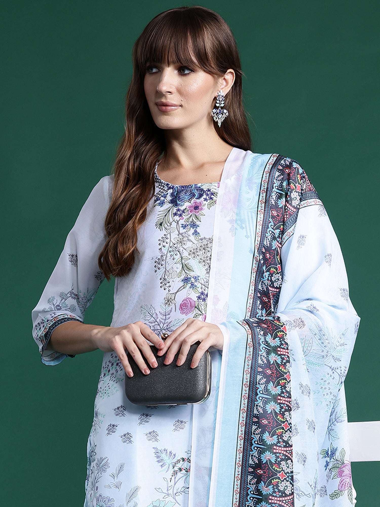 Indo Era Blue Printed Straight Kurta Trousers With Dupatta set - Distacart