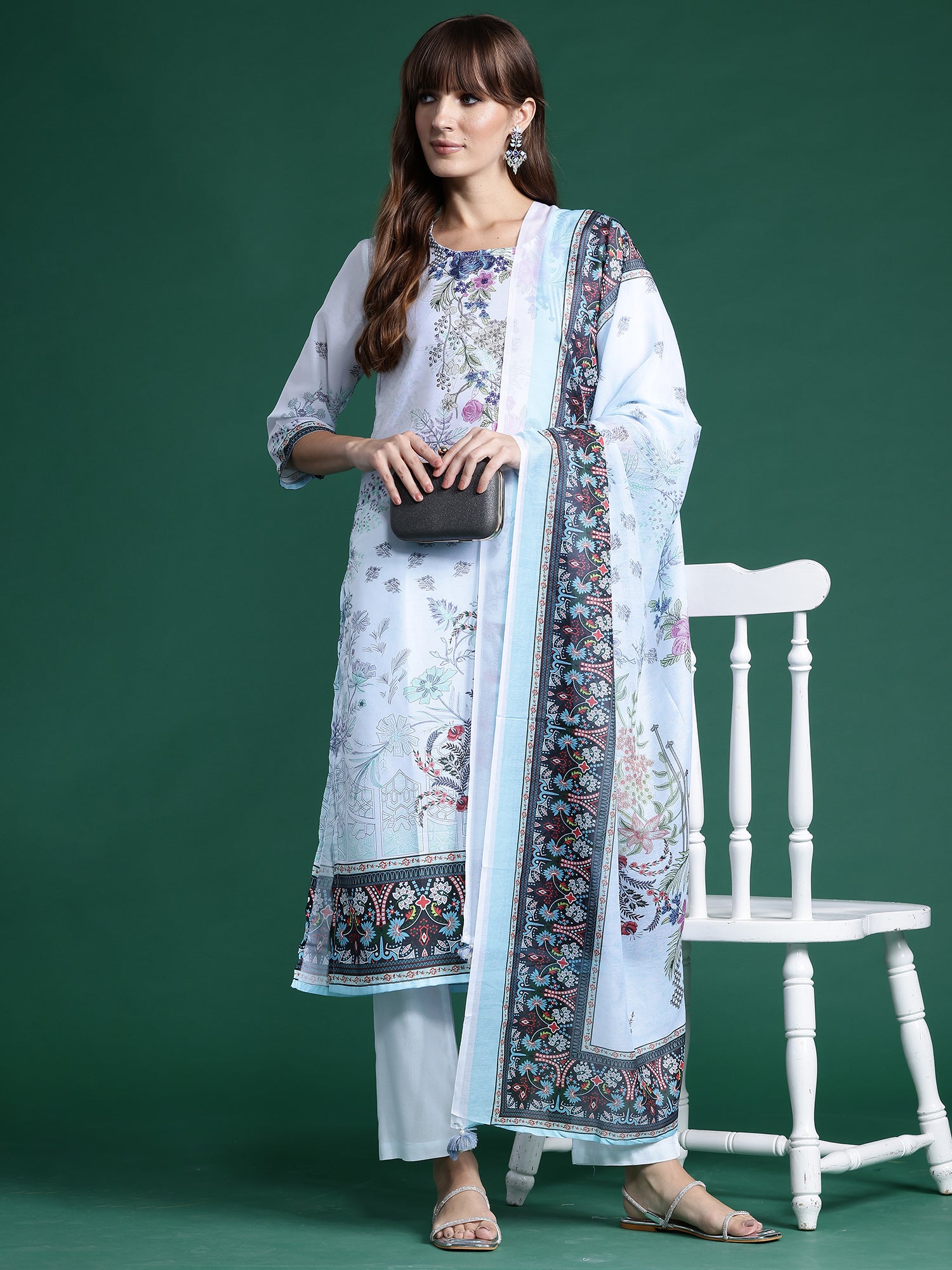 Indo Era Blue Printed Straight Kurta Trousers With Dupatta set - Distacart