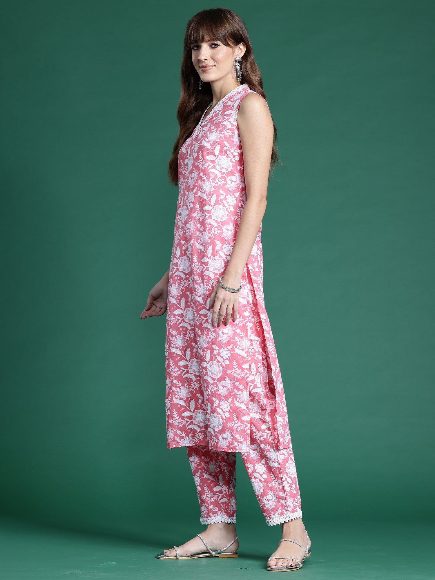 Indo Era Pink Printed Straight Kurta Trousers set - Distacart