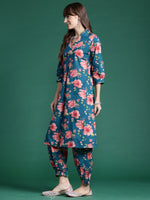 Thumbnail for Indo Era Teal Printed A-Line Kurta Trousers set - Distacart