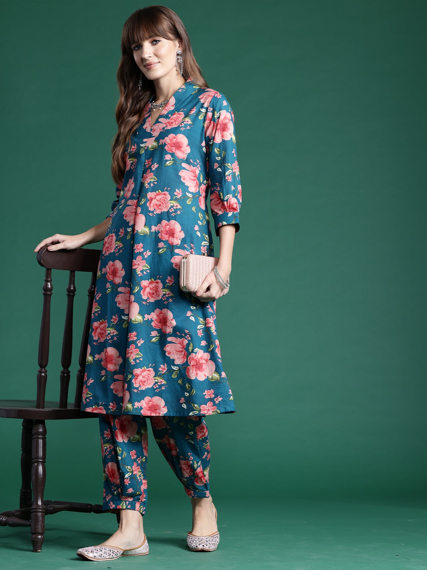 Indo Era Teal Printed A-Line Kurta Trousers set - Distacart