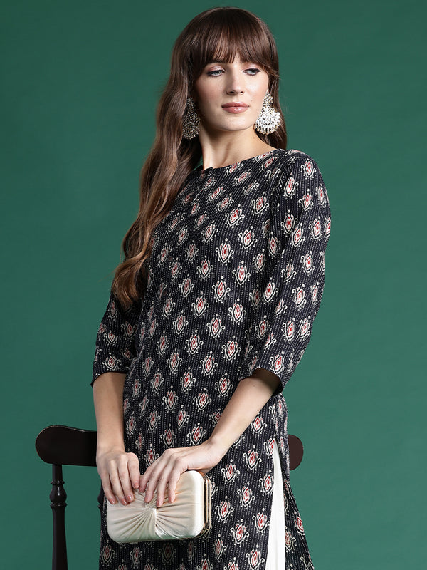 Indo Era Black Printed Straight Kurta - Distacart