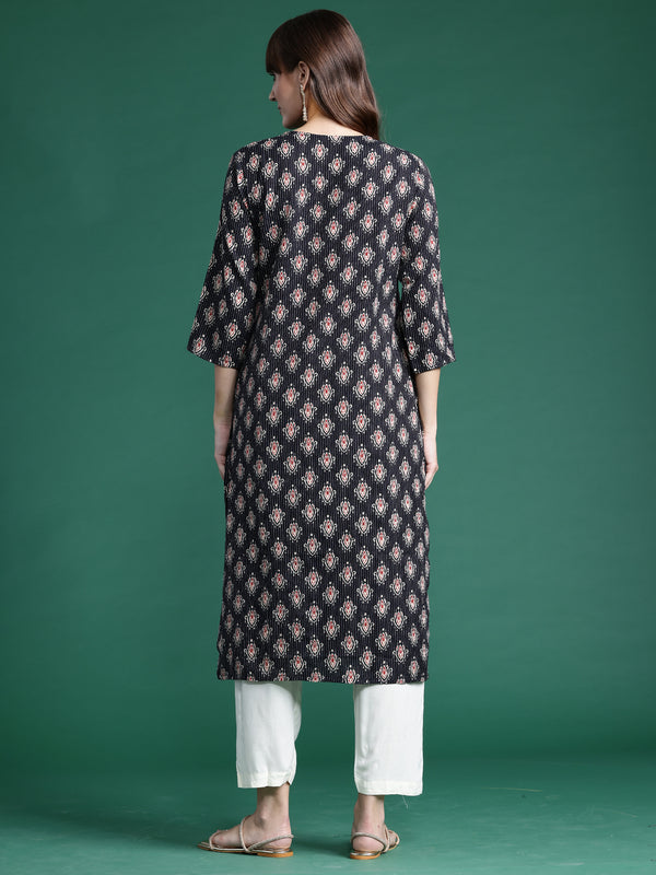 Indo Era Black Printed Straight Kurta - Distacart