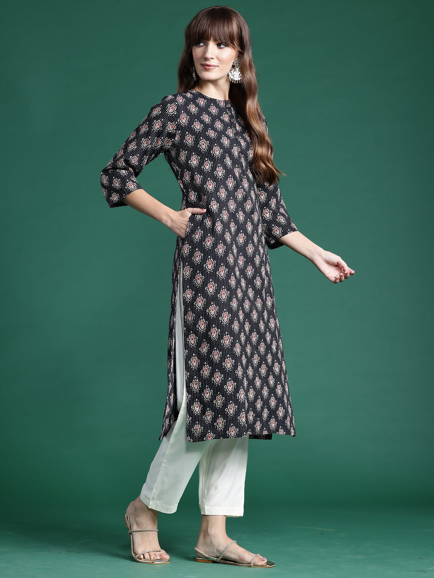 Indo Era Black Printed Straight Kurta - Distacart