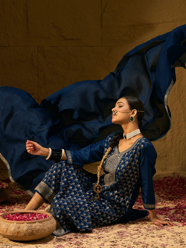 Indo Era Blue Embroidered Straight Kurta Trousers With Dupatta set - Distacart