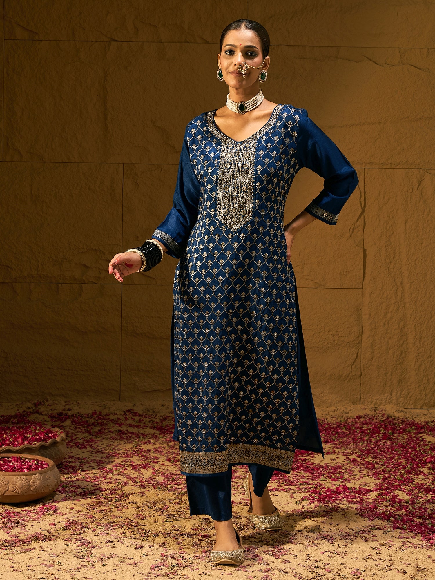 Indo Era Blue Embroidered Straight Kurta Trousers With Dupatta set - Distacart