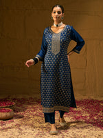 Thumbnail for Indo Era Blue Embroidered Straight Kurta Trousers With Dupatta set - Distacart