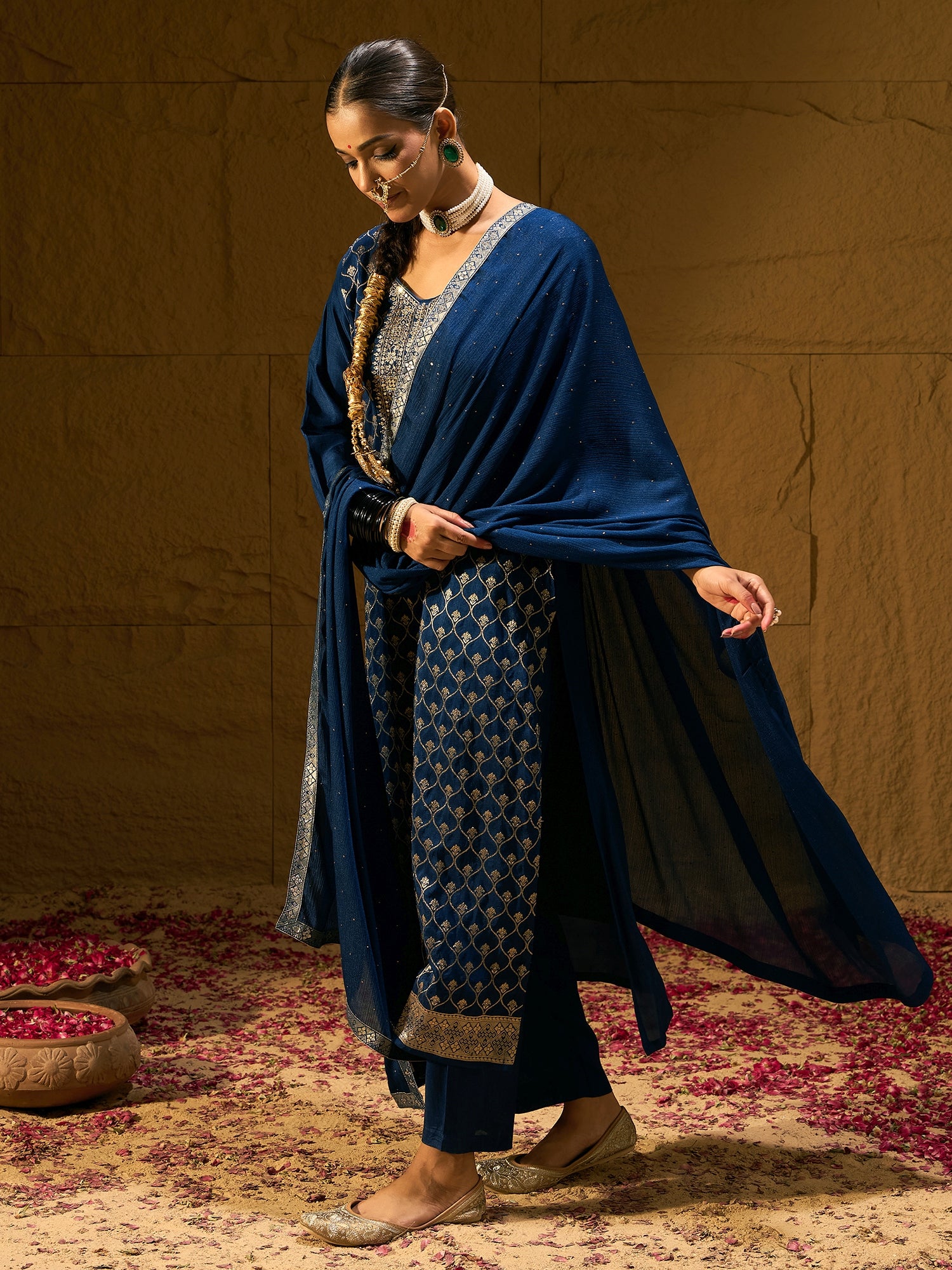 Indo Era Blue Embroidered Straight Kurta Trousers With Dupatta set - Distacart