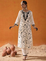 Thumbnail for Indo Era White Straight Embroidered Kurta Trousers With Dupatta Set - Distacart