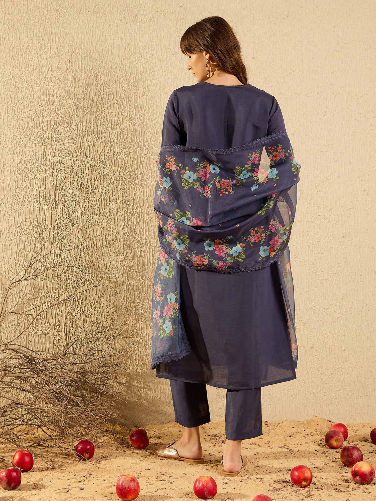 Indo Era Grey Embroidered Straight Kurta Trousers With Dupatta set - Distacart
