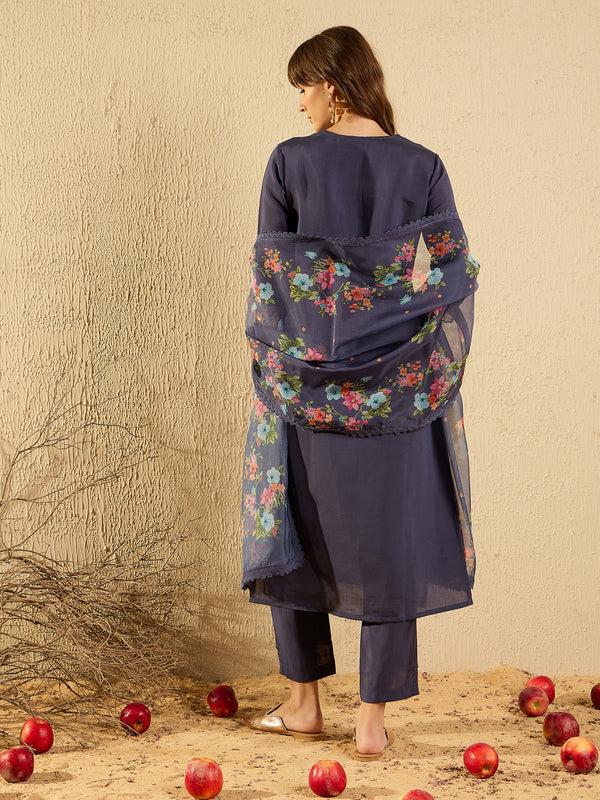 Indo Era Grey Embroidered Straight Kurta Trousers With Dupatta set - Distacart