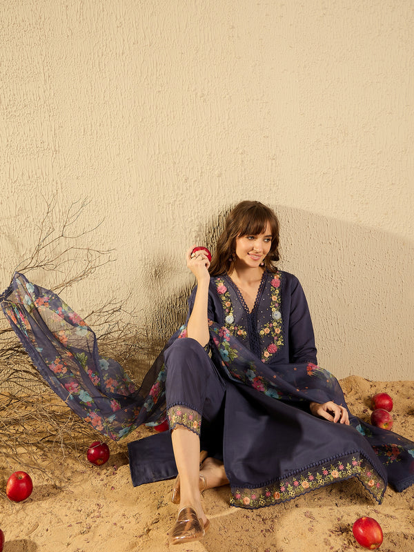 Indo Era Grey Embroidered Straight Kurta Trousers With Dupatta set - Distacart