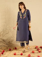 Thumbnail for Indo Era Grey Embroidered Straight Kurta Trousers With Dupatta set - Distacart