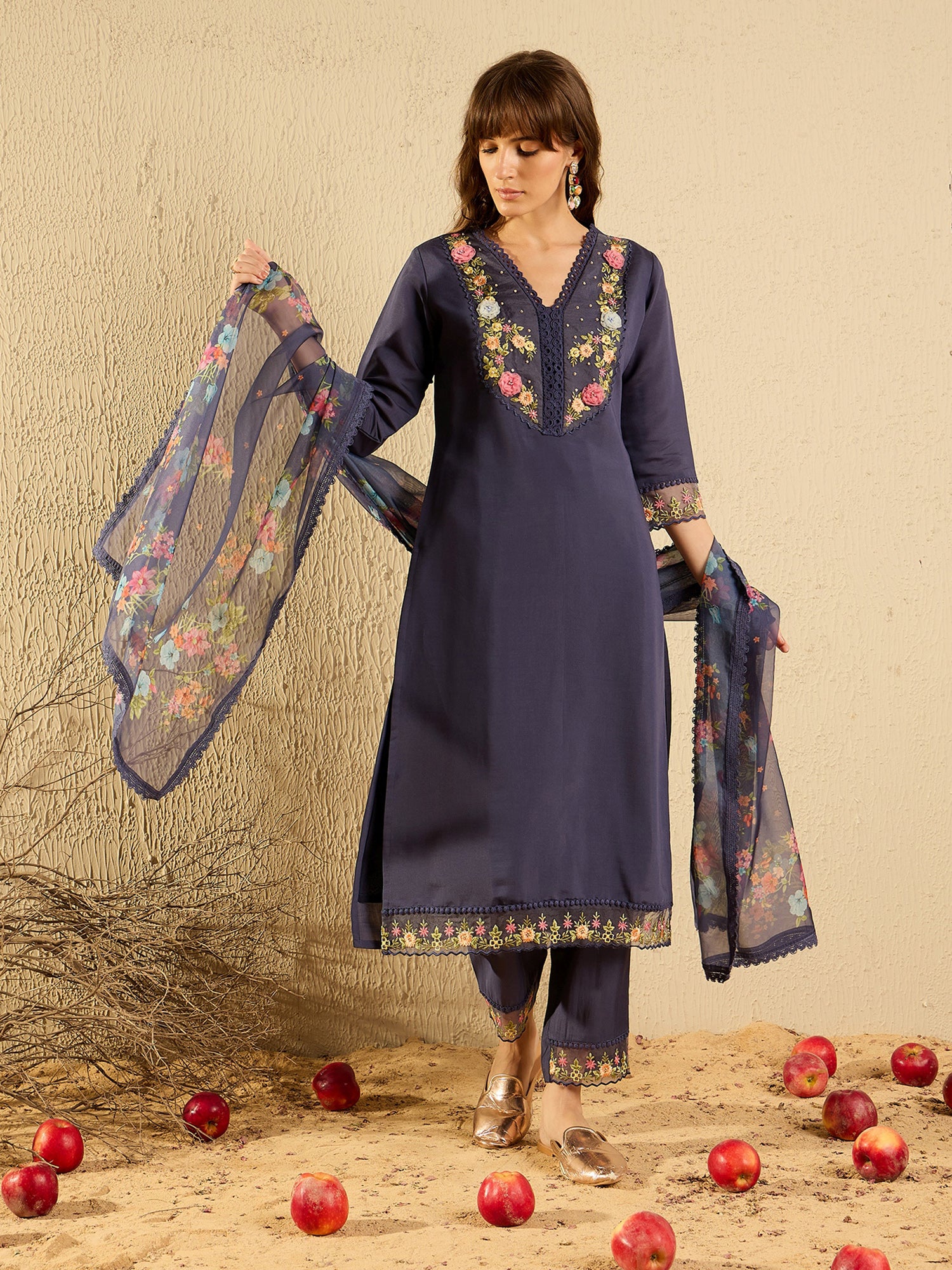 Indo Era Grey Embroidered Straight Kurta Trousers With Dupatta set - Distacart