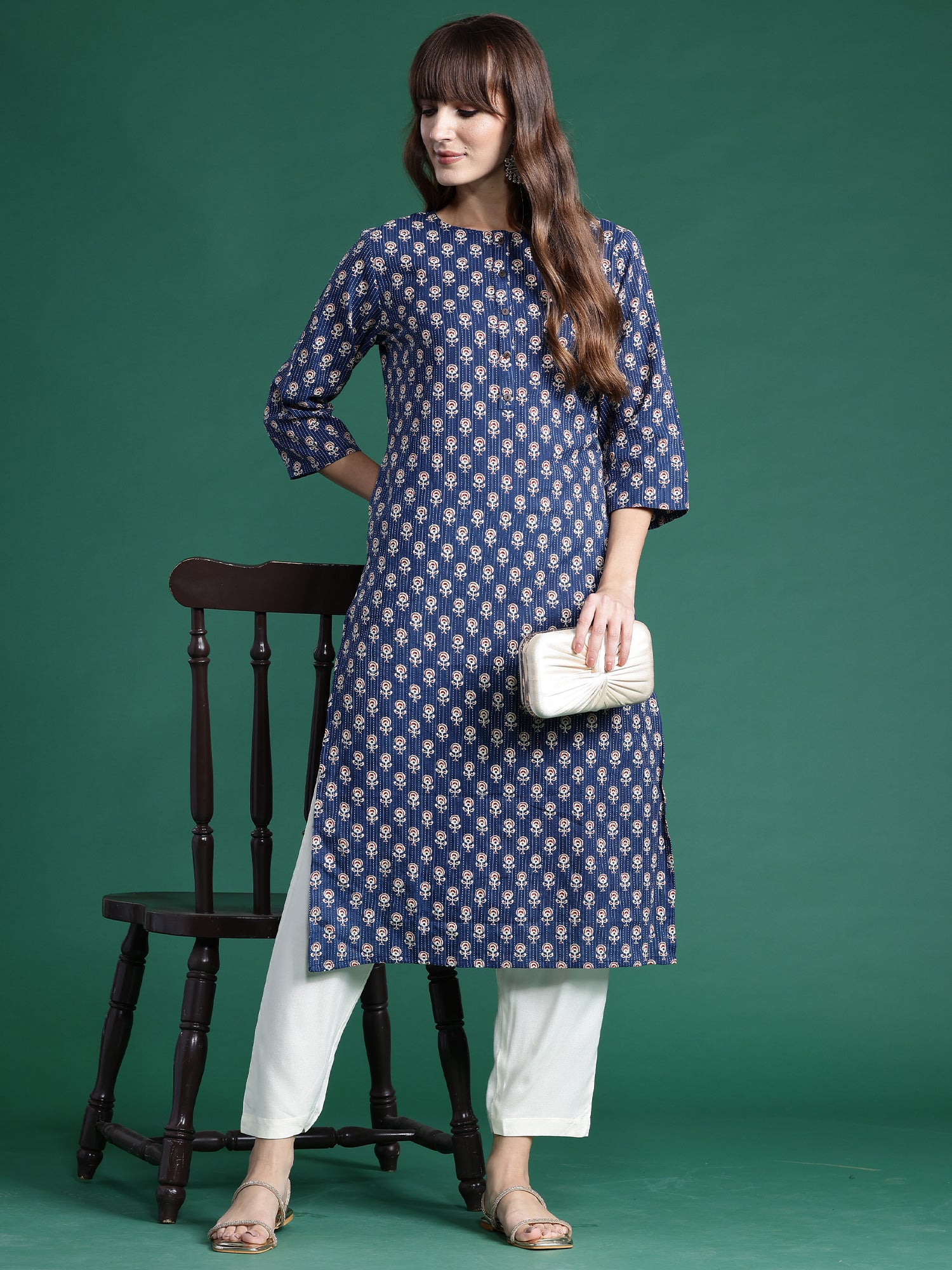 Indo Era Blue Printed Straight Kurta - Distacart