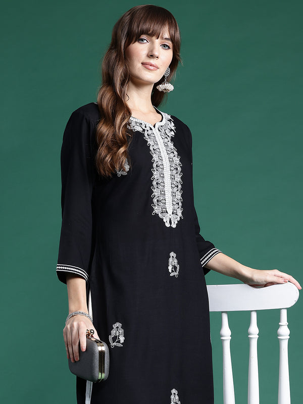 Indo Era Black Embroidered Straight Kurta - Distacart