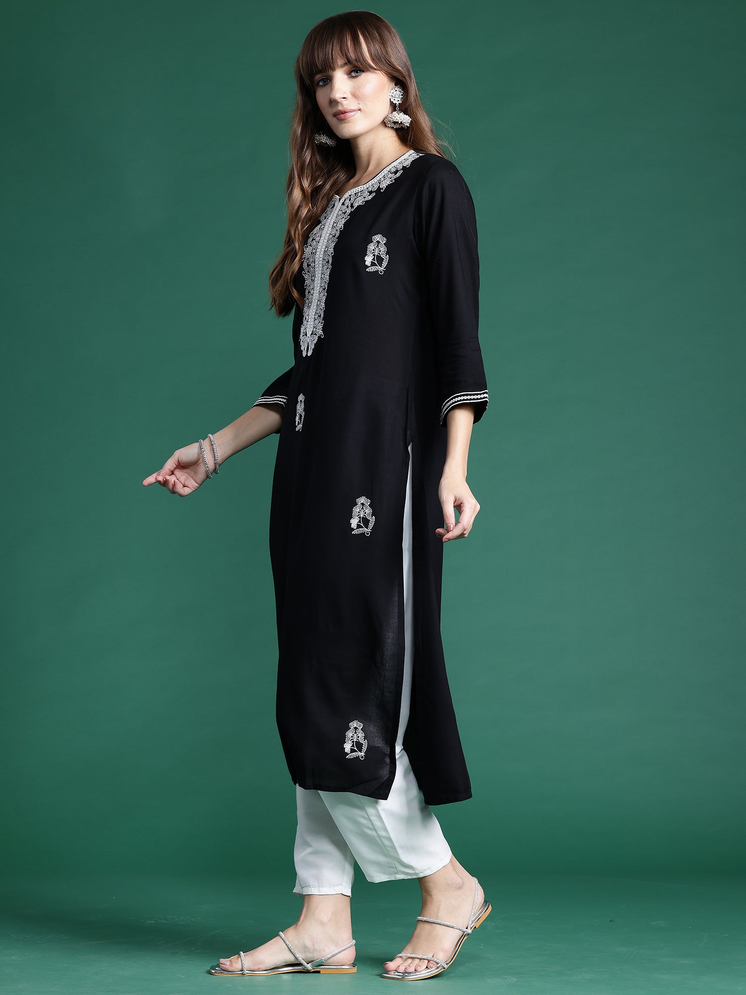 Indo Era Black Embroidered Straight Kurta - Distacart