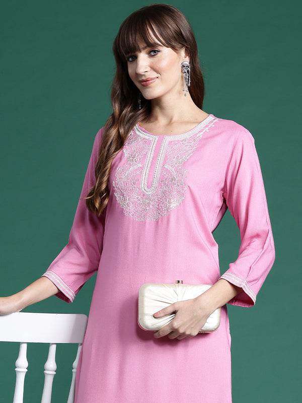 Indo Era Pink Embroidered Straight Kurta - Distacart