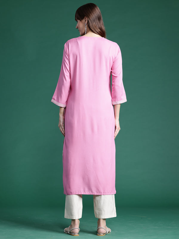 Indo Era Pink Embroidered Straight Kurta - Distacart
