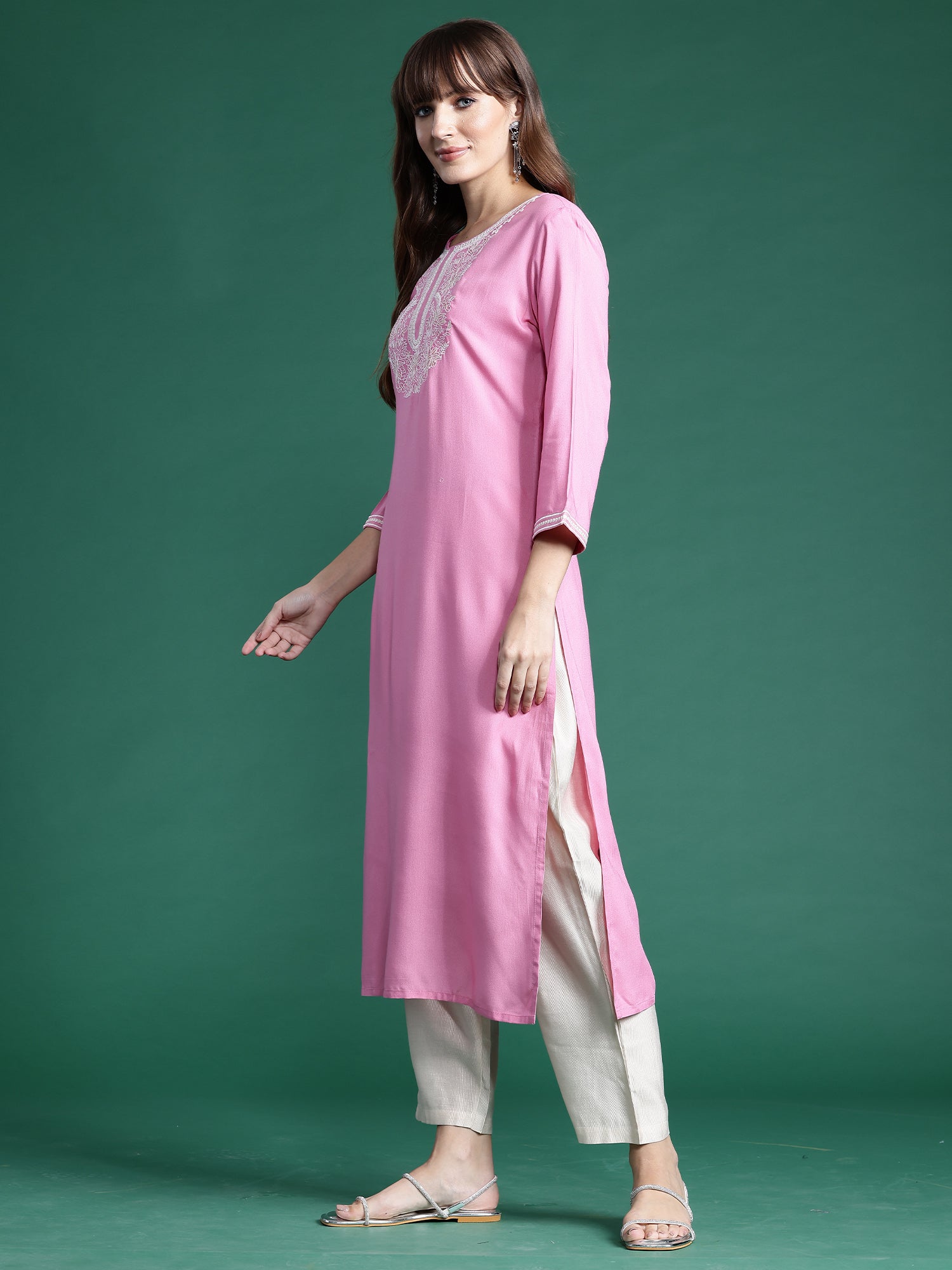 Indo Era Pink Embroidered Straight Kurta - Distacart
