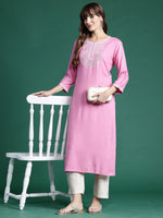 Thumbnail for Indo Era Pink Embroidered Straight Kurta - Distacart