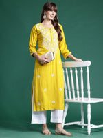Thumbnail for Indo Era Yellow Embroidered Straight Kurta - Distacart